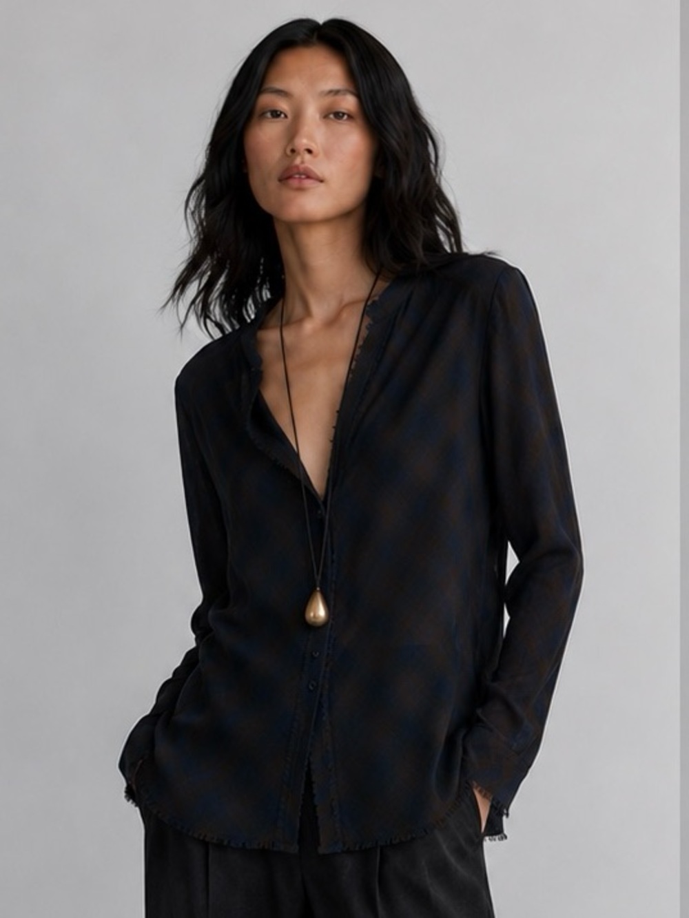 Massimo Dutti Wool Crepe Tartan Plaid loose fit blouse with frayed edge NWT XS